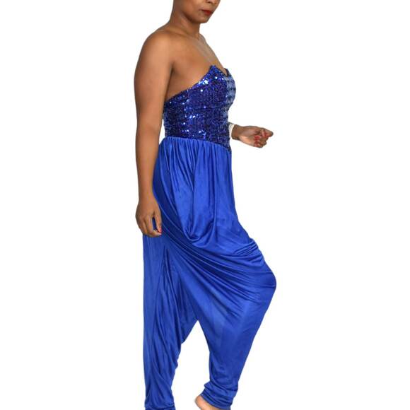 Sequin Draped Jumpsuit Vintage Blue Harem Strapless Sweetheart Pant Size Small - Picture 2 of 16